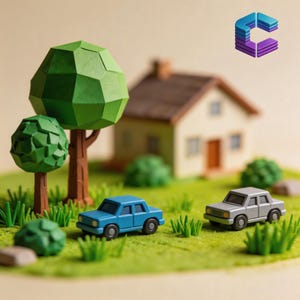 May include: A miniature diorama featuring a small house, two stylized trees with geometric green foliage, and two toy cars in blue and gray. The scene is set on a green base with scattered grass blades and a small logo in the top right corner.