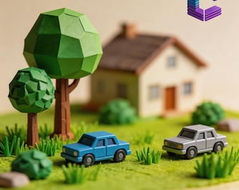 May include: A miniature diorama featuring a small house, two stylized trees with geometric green foliage, and two toy cars in blue and gray. The scene is set on a green base with scattered grass blades and a small logo in the top right corner.