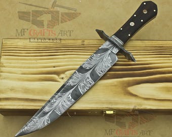 Handmade Damascus Steel Bowie Knife | Forged Feather Pattern, Wenge Wood Handle, Groomsmen gift, Gift for him