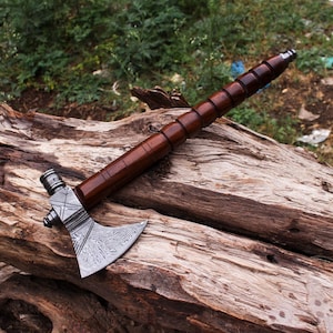 Handmade Damascus steel Functional Pipe Wood handle, Bushcraft axe, Tomahawk axe, Gift for him, father day gift anniversary gift Camping axe