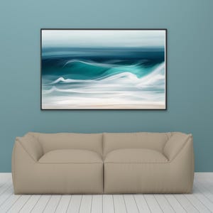 Abstract Ocean Waves Wall Art Print, Modern Coastal Beach Decor, Blue Teal Seascape Painting, Minimalist Watercolor Art for Living Room