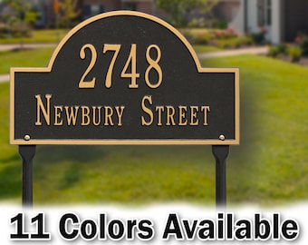Lawn Address Plaque - 2 Lines - Personalized Metal Cast Aluminum Arch Sign with Your Address and Street Name. House Number Custom Sign