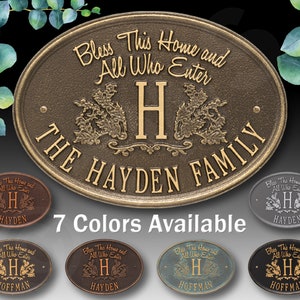 Monogram Family Name Plaque - Bless This Home And All Who Enter Personalized Cast Aluminum Metal Sign With  Family Name and Initial