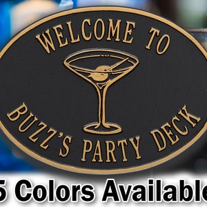 Personalized Martini Plaque, Custom Oval Metal Sign, Welcome Message, 2 Line Text, Small Cast Aluminum Decor with Martini Glass Design