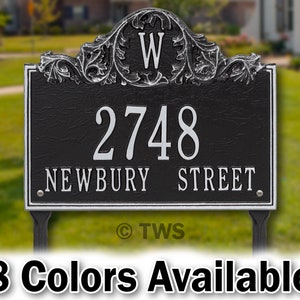 Monogram Lawn Address Plaque - Personalized Metal Cast Aluminum Sign with Your Street Address and Number With Last Name Initial- Yard Stakes