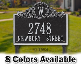 Monogram Lawn Address Plaque - Personalized Metal Cast Aluminum Sign with Your Street Address and Number With Last Name Initial- Yard Stakes