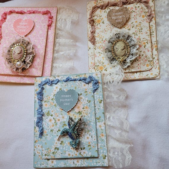 Handmade Vintage Style Mother’s Day Card, Features a Shabby Chic Brooch Element, Perfect card for mom or grandmother, Customize message