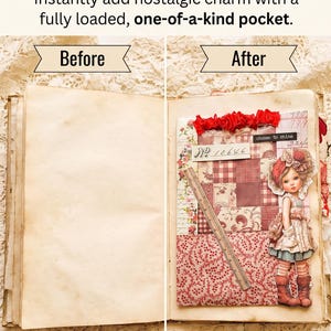Junk journal Ephemera,  Embellished Window Envelope pocket w lace, crinkle ribbon,  and paper flowers, 2 Back pockets with ephemera