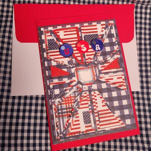 Tarjeta de felicitación personalizada, hecha a mano en EE. UU., para cualquier ocasión, tipo colcha roja, blanca y azul, dulce mensaje sentimental.