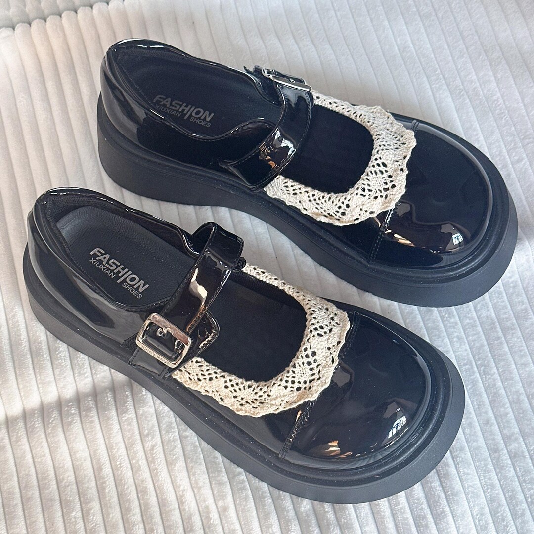 Shiny Black Mary Jane Platform Shoes – Cute Lolita Chunky Loafers With ...