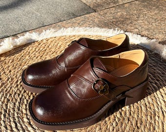 Handmade Retro Chunky Mary Jane Shoes, Genuine Leather Platform Oxfords, Round Toe Black Brown Flats, 3.5cm Sole, Vintage Walking Shoes