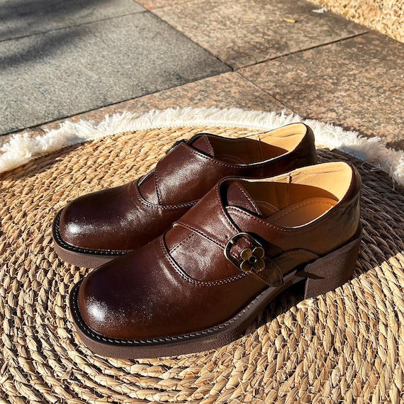 brown platform dress shoes Handmade Retro Chunky Mary Jane Shoes, Genuine Leather Oxfords, Round Toe Black Flats, 3.5cm Sole, Vintage Walking Available at select stores