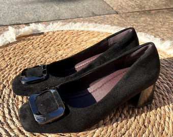 Suede Mary Jane Block Heel Shoes for Women | Square Buckle Vintage Mary Jane Pumps | Handmade Suede Chunky Heel Shoes-Gifts for her