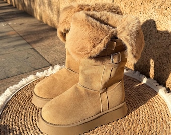 Women’s Warm Faux Fur Knee High Boots, Round Toe Platform Snow Boots, Lace-Up Handmade Winter Cotton Boots, Thick Sole Tall Boots,Khaki/Grey