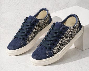 Sneakers-Handmade Navy Sneakers with Plaid Design,Perfect Gift for Men Women,Casual  Comfortable-Custom Navy Blue Sneakers,Handmade Sneakers