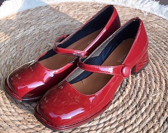 Handmade Shiny Mary Jane Chunky Heel Buckle - Vintage Leather Mary Jane Women's Pumps - Lolita Style Pumps - Gift for Her-Mary Jane