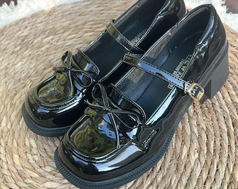 Shiny Black Mary Jane Platform Shoes – Cute Lolita Chunky Loafers with Bow | Gothic School Girl PU Leather Thick Heel | Harajuku Y2K Pumps