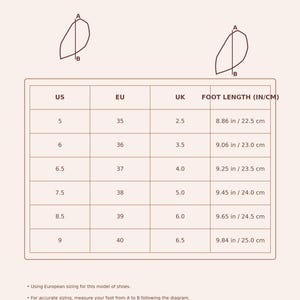 May include: A shoe size chart with US, EU, and UK sizes, and foot length in inches and centimeters. The chart includes sizes 5 to 9 US, 35 to 40 EU, and 2.5 to 6.5 UK, with corresponding foot lengths from 8.86 in/22.5 cm to 9.84 in/25.0 cm.