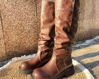 Women Thick‑Soled Knee High Winter Boot–5cm Platform Faux Fur Lined Over‑The‑Knee Boots,Black or Brown Tall Plush Heel-Boots for Cold Season