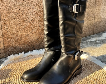 Botas altas hasta la rodilla hechas a mano para mujer, con punta redonda y tacón grueso, de ante marrón o piel de oveja negra, con hebilla de cinturón, estilo western, tallas 35-39.