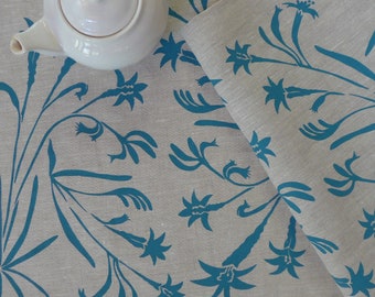 Linen Table Runner Australian Kangaroo Paw Design Hand Screen Printed in Turquoise