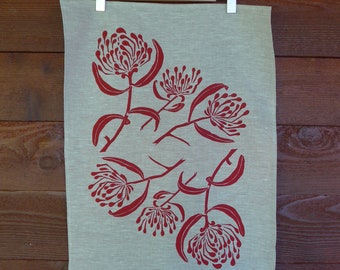 Tea Towel Australian Waratah Design Pure Linen Hand Screen Printed in Red