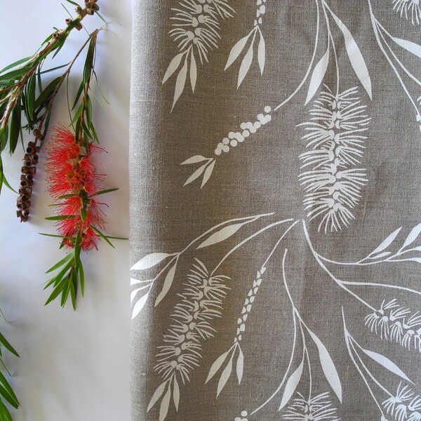 Linen Tea Towel Screen Printed Linen Tea Towel Hand Printed Dish Cloth White&Natural Australian Bottlebrush