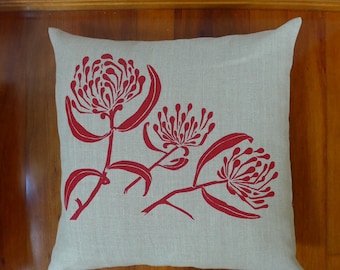 Linen Cushion Cover Screen Printed Linen Cushion Cover Hand Printed Red&Natural Australian Waratah