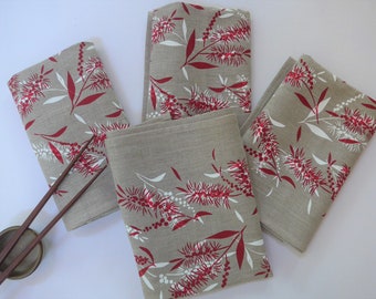 Australian Bottlebrush Linen Tablemats/Napkins (4) Hand Screen Printed in Red and White