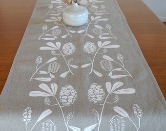 Linen Table Runner Hand Screen Printed White&Natural Australian Banksia