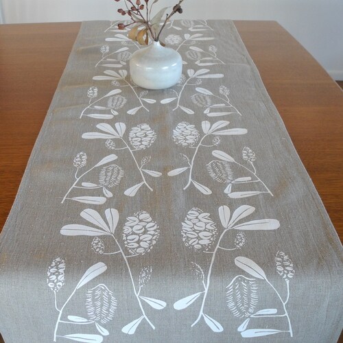 Linen Table Runner Hand Screen Printed White&natural Etsy
