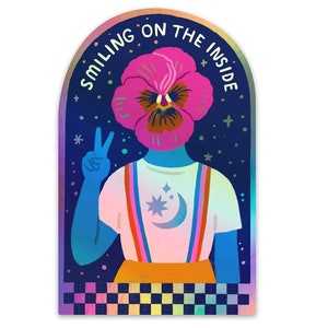 Lachend aan de binnenkant holografische vinylsticker viooltje