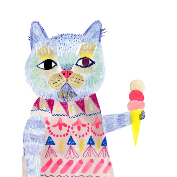 Stampa d'arte, arte della parete, arte del gatto, Bratty Kitty Cone di Sarah Walsh