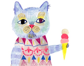 Art Print, Wall art, cat art, Bratty Kitty Cone by Sarah Walsh