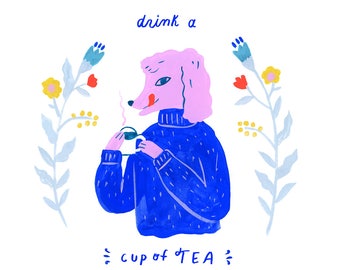 Art Print, Wall art,  Creatures of Healthy Habits Poodle Drinking Tea by Sarah Walsh