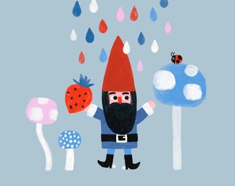 Art Print, Wall art,  Mushroom illustration Strawberry Gnome by Colin Walsh