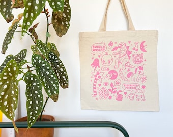 Bubble Wrapp x Tigersheep Friends Tote Bag collab / Pink on Canvas