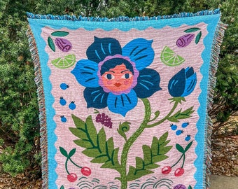 Flower Face with Fruit Woven Blanket / Tapestry