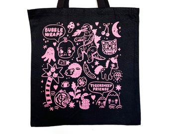 Bubble Wrapp x Tigersheep Friends Tote Bag collab / Pink on Black