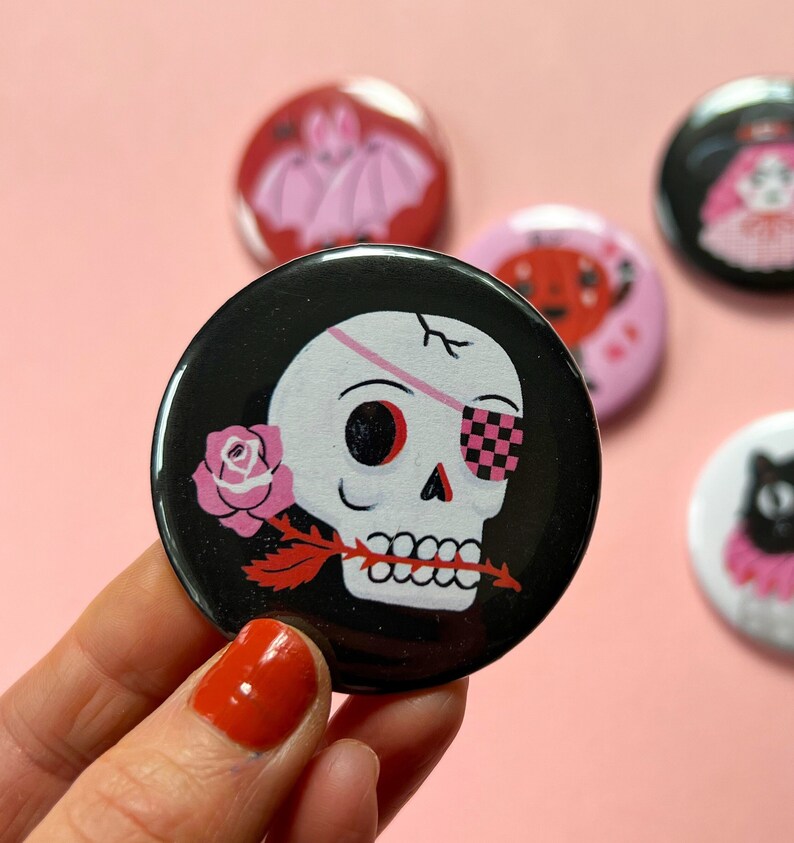 Pin badge Creepy Cuties Sugar Rose Skull 2 1/4 Inch image 2