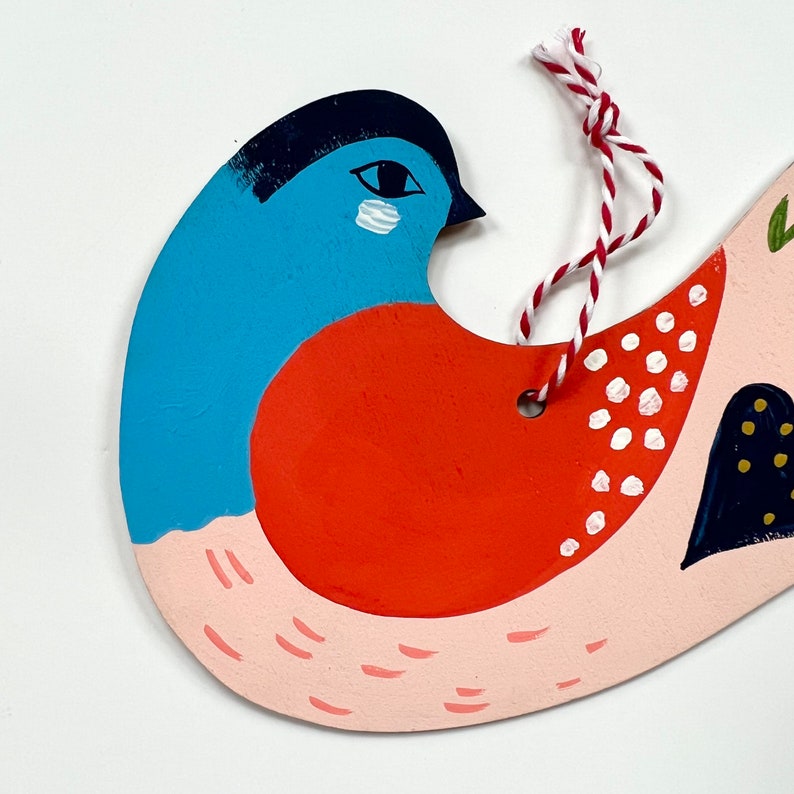 Folk Bird with Blue Head /Holiday Ornament/ Hand Painted image 6