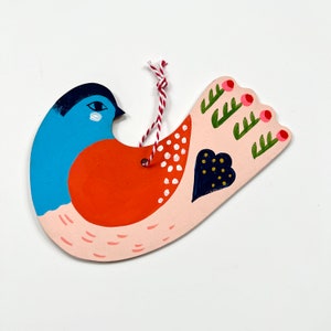 Folk Bird with Blue Head /Holiday Ornament/ Hand Painted image 1