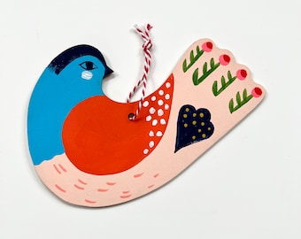 Folk Bird with Blue Head /Holiday Ornament/ Hand Painted