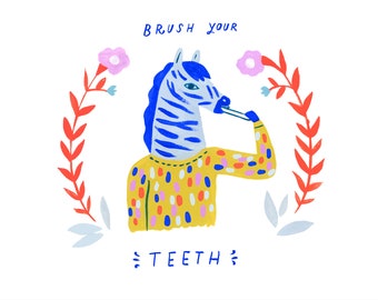 Art Print, Wall art,   Creatures of Healthy Habits Zebra Brushing Teeth by Sarah Walsh