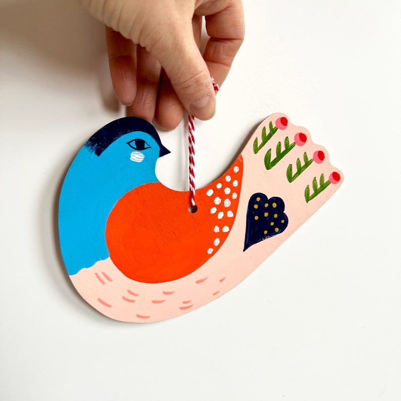 Folk Bird with Blue Head /Holiday Ornament/ Hand Painted image 5