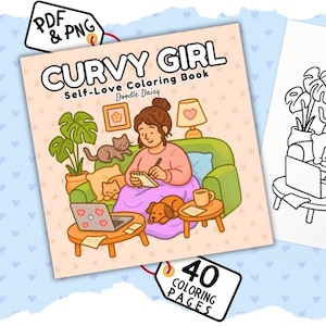 大人とティーン向けの曲線美ガールぬり絵 | プラスサイズの女性、セルフケア、ボディポジティブ、心地よいペット | PDFとPNGのデジタルダウンロード