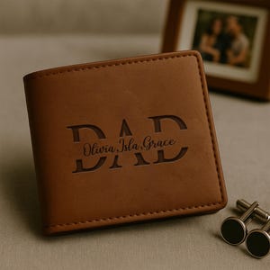 Cartera personalizada con grabado para papá, regalo para el Día del Padre, cartera de cuero personalizada, cartera con nombre de niño, regalo de cumpleaños para él, regalo para papá primerizo