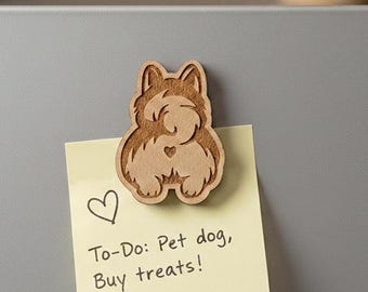 Imán de madera con forma de trasero de perro. Imán para nevera. Diseño de trasero de perro. Ideal para regalar a tus amigos.