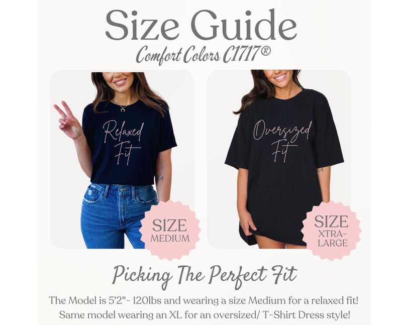 May include: Size guide graphic with two models wearing black t-shirts. One shirt says "Relaxed Fit" and the other says "Oversized Fit". The guide includes size recommendations and the text "Picking The Perfect Fit".