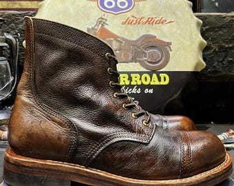 Handmade Goodyear Brown Genuine Leather Motorcycle Paratrooper Boots Retro Big Head Work Boots